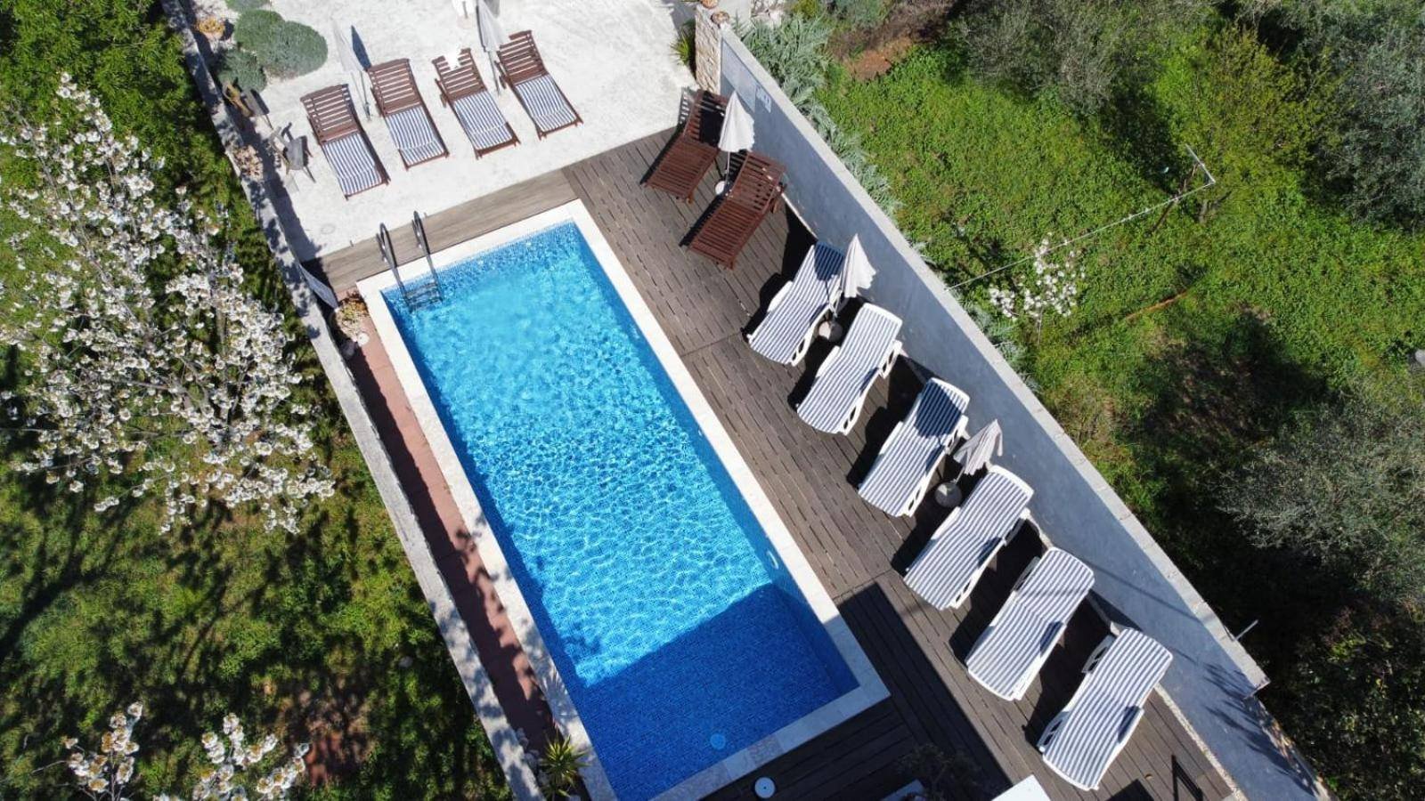 Guest House Dragić: pool area with loungers and umbrellas
